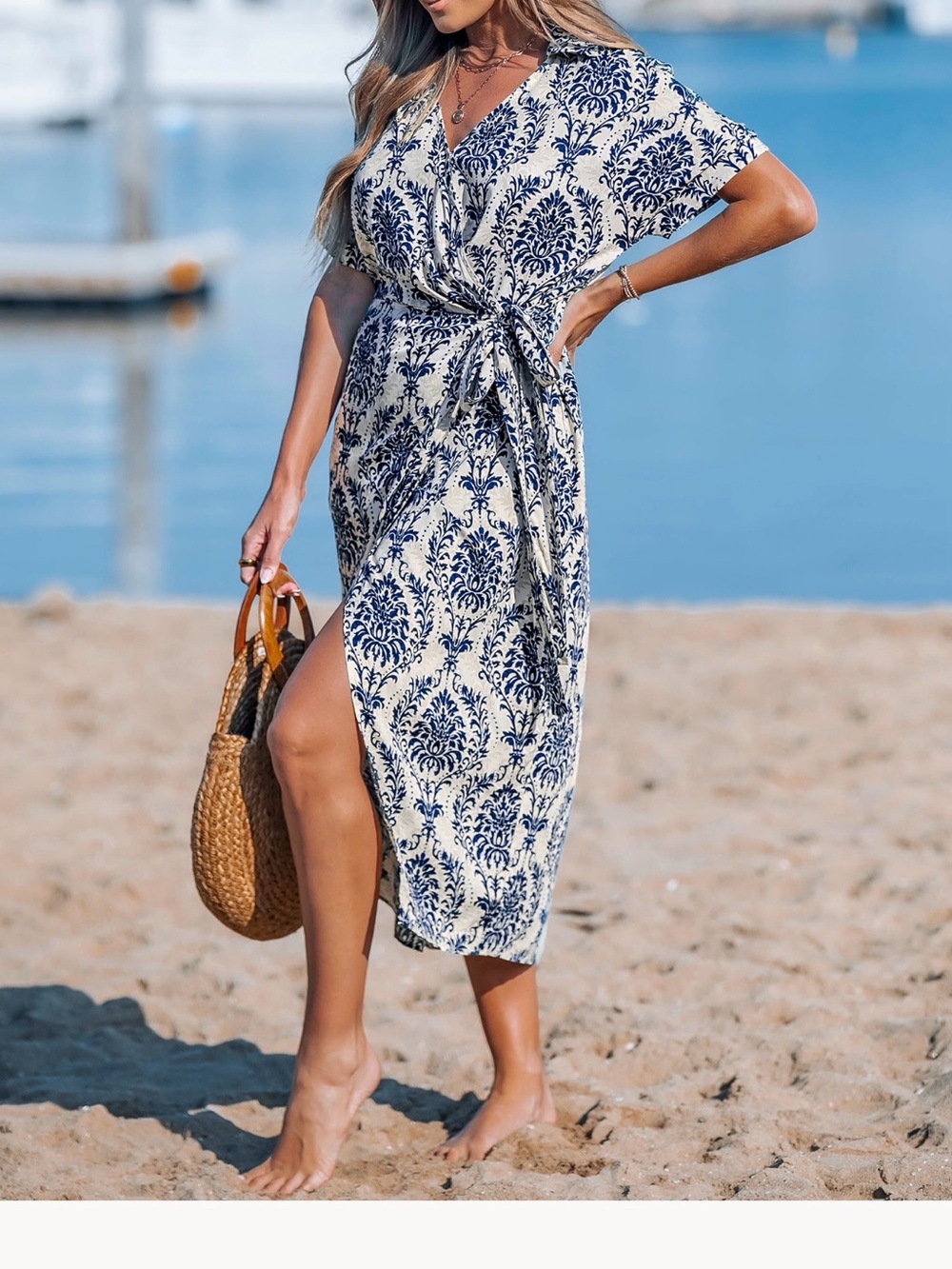 NWT CupShe Women's Blue & White Printed Wrap Cover-Up Dress - Picture 3 of 7